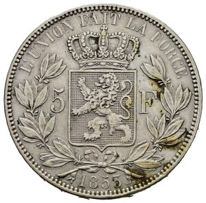 reverse: BELGIO. 5 Francs 1853. Ag. BB