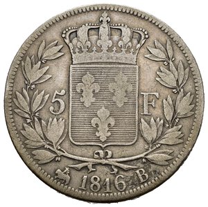 reverse: FRANCIA. Luigi XVIII (1815-1824). 5 Francs 1816 B (Rouen). Ag. Gad. 614. qBB