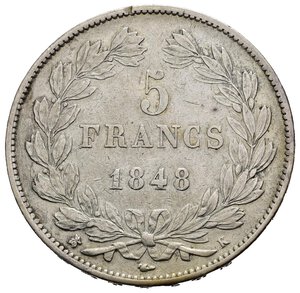 reverse: FRANCIA. Louis Philippe I. 5 Francs 1848 K (Bordeaux). Data non comune, coniata in 165.687 pezzi. Ag. BB