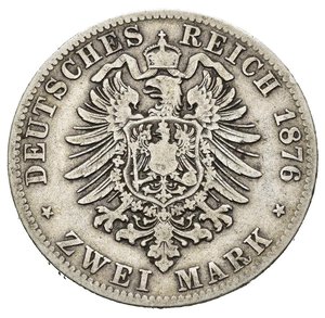 reverse: GERMANIA. Baviera – Re Ludwig II – 2 Marchi 1876D. AG. (Ø 28.2mm, 11.3g.). Krause KM#903. BB
