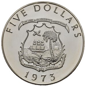 reverse: LIBERIA. 5 Dollari 1973. Ag. Proof