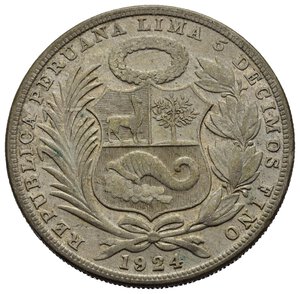 obverse: PERU. Un Sol 1924. Ag. BB+