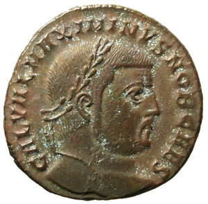 obverse: MASSIMINO II DAIA come Caesar (308-309) Follis per Nicomedia. Testa laur. a ds. R/ Genius stante a sn.versa il contenuto di una patera e tiene una cornucopia; SMNΓ. RIC VI 55.   (27mm, g. 5.97)   qSPL