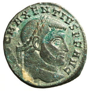 obverse: MASSENZIO come Augustus (310-313) Follis per Roma. IMP C MAXENTIVS P F AVG. Testa laur. a ds. R/ CONSERV VRB SVAE, Roma in tempio esastilo. (g. 5,65) RIC 210.   AE    +BB 