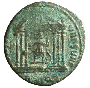reverse: MASSENZIO come Augustus (310-313) Follis per Roma. IMP C MAXENTIVS P F AVG. Testa laur. a ds. R/ CONSERV VRB SVAE, Roma in tempio esastilo. (g. 5,65) RIC 210.   AE    +BB 