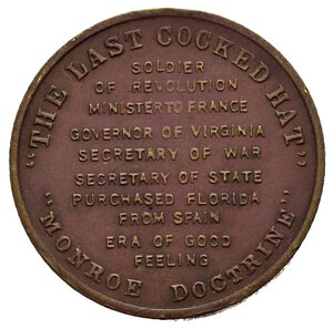 reverse: Gettoni Esteri – Stati Uniti d’America (USA) – Gettone Presidenziale James Monroe. Busto di J.M. verso d. e legenda 5th PRESIDENT, U.S.A. 1817 1825 JAMES MONROE. Al verso su più righe legenda 