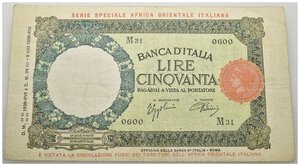 obverse: Banconote Italiane - Regno d’Italia - Vittorio Emanuele III (1900-1945) - Africa Orientale Italiana – Lire 50 – Decreto 12.9.1939 - Non Comune (NC) - Conservazione BB. Crapanzano OI 55 