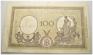 reverse: Banconote Italiane – Repubblica Sociale Italiana (RSI) (1943-1945). Biglietto da lire 100 “GRANDE B”, decreto di emissione 08.10.1943. Pieghe,  BB+. Gigante BI 24A   