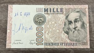 obverse: Repubblica Italiana. 1000 Lire Marco Polo serie AE 000100 A con firma autografo di Speziali. FDS