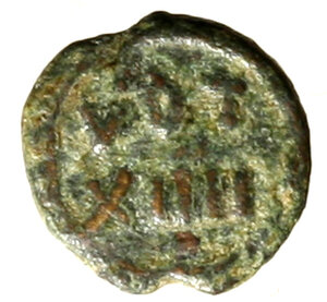 reverse: GIUSTINIANO I (527-565) Nummo per Cartagine. Busto laur. a ds R/ VOT/ XIIII. Dumb. 303; Sear 279     AE  (g. 0,66)  RARO    BB