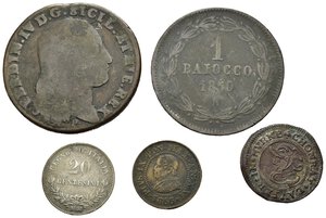 obverse: Zecche Italiane. Lotto di 4 monete + 1 gettone di Norimberga. 8 Tornesi 1797; 1 centesimo 1866 Pio IX; 1 Baiocco 1850; 20 centesimi 1863 M