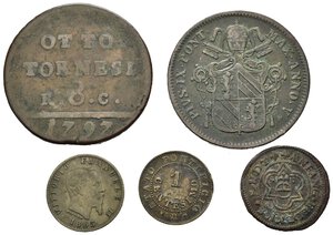 reverse: Zecche Italiane. Lotto di 4 monete + 1 gettone di Norimberga. 8 Tornesi 1797; 1 centesimo 1866 Pio IX; 1 Baiocco 1850; 20 centesimi 1863 M