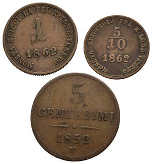 reverse: Regno Lombardo Veneto – Ferdinando Giuseppe I (1848-1866) ½ soldo 1862 Vienna Gigante 46 – 1 Soldo 1862 Vienna Gigante 43 – 5 Centesimi 1852 Venezia (Non Comune) Gigante 31 - Conservazione MB/BB.