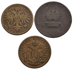 obverse: Regno Lombardo Veneto – Francesco I (1815-1835) e Ferdinando Giuseppe I (1848-1866) 3 centesimi 1822 Gigante 36 (Raro) – 1 Soldo 1862 Vienna Gigante 43 – 3 Centesimi 1852 Milano Gigante 44 - Conservazione MB/BB. 