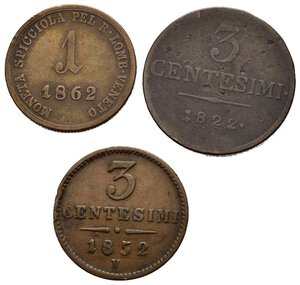 reverse: Regno Lombardo Veneto – Francesco I (1815-1835) e Ferdinando Giuseppe I (1848-1866) 3 centesimi 1822 Gigante 36 (Raro) – 1 Soldo 1862 Vienna Gigante 43 – 3 Centesimi 1852 Milano Gigante 44 - Conservazione MB/BB. 