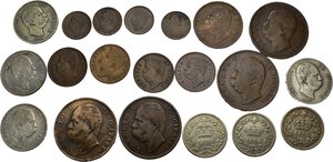 obverse: Regno d Italia. Umberto I. Lotto di 20 monete, tutte diverse. 1 centesimo 1895, 1896, 1899, 1900; 2 centesimi 1895, 1897, 1898, 1900; 5 centesimi 1895; 10 centesimi 1893 R, 1893 Bi, 1894 R, 1894 Bi; 20 centesimi 1894 R, 1894 KB, 1895 R; 1 lira 1884, 1886, 1887, 1899. MB-BB