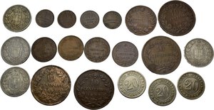 reverse: Regno d Italia. Umberto I. Lotto di 20 monete, tutte diverse. 1 centesimo 1895, 1896, 1899, 1900; 2 centesimi 1895, 1897, 1898, 1900; 5 centesimi 1895; 10 centesimi 1893 R, 1893 Bi, 1894 R, 1894 Bi; 20 centesimi 1894 R, 1894 KB, 1895 R; 1 lira 1884, 1886, 1887, 1899. MB-BB