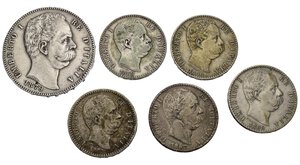 obverse: Regno d Italia. Umberto I. Lotto di 6 monete in argento, tutte diverse. 2 lire 1881, 1882, 1886, 1897, 1899; 5 lire 1879. Ag. MB-BB