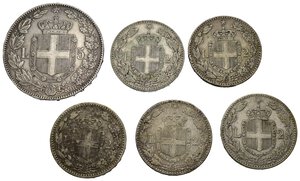 reverse: Regno d Italia. Umberto I. Lotto di 6 monete in argento, tutte diverse. 2 lire 1881, 1882, 1886, 1897, 1899; 5 lire 1879. Ag. MB-BB