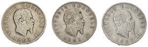 obverse: Regno d Italia. Vittorio Emanuele II. Lotto di 3 monete in argento. 2 lire stemma 1863 N; 1863 T; 2 lire Valore 1863 N. Ag. MB-BB