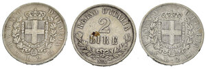 reverse: Regno d Italia. Vittorio Emanuele II. Lotto di 3 monete in argento. 2 lire stemma 1863 N; 1863 T; 2 lire Valore 1863 N. Ag. MB-BB