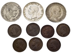 obverse: Regno d Italia. Vittorio Emanuele III. Lotto di 10 monete, tutte diverse. 1 centesimo 1903, 1904, 1905, 1908, 1909, 1910, 1917; 1 lira 1907, 1910; 5 lire 1930.