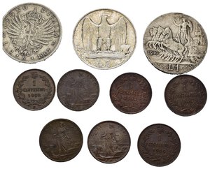 reverse: Regno d Italia. Vittorio Emanuele III. Lotto di 10 monete, tutte diverse. 1 centesimo 1903, 1904, 1905, 1908, 1909, 1910, 1917; 1 lira 1907, 1910; 5 lire 1930.