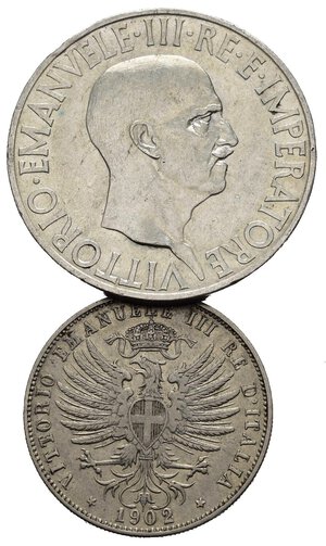 obverse: Regno d Italia. Vittorio Emanuele III. Lotto di 2 monete da 25 centesimi 1902 e 10 lire 1936 in bele conservazioni