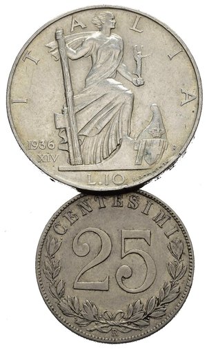 reverse: Regno d Italia. Vittorio Emanuele III. Lotto di 2 monete da 25 centesimi 1902 e 10 lire 1936 in bele conservazioni