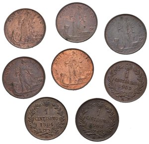 reverse: Regno d Italia. Vittorio Emanuele III. Lotto di 8 monete da 1 centesimo tutte diverse e in alta conservazione. 1903, 1904, 1908, 1912, 1913, 1914, 1915, 1916.