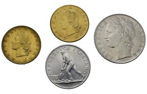 obverse: REPUBBLICA ITALIANA. Lotto di 4 monete. 2 lire 1948; 20 lire 1957 - 1958; 100 lire 1957. Belle conservazioni