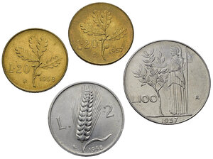 reverse: REPUBBLICA ITALIANA. Lotto di 4 monete. 2 lire 1948; 20 lire 1957 - 1958; 100 lire 1957. Belle conservazioni