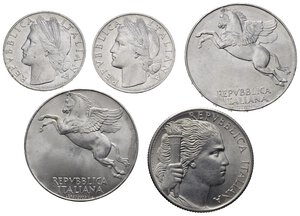obverse: REPUBBLICA ITALIANA. Lotto di 5 monete in alta conservazione. Al. 1 lira 1948-1949; 5 lire 1950; 10 lire 1949-1950
