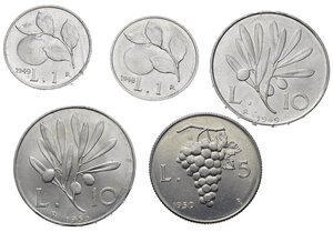 reverse: REPUBBLICA ITALIANA. Lotto di 5 monete in alta conservazione. Al. 1 lira 1948-1949; 5 lire 1950; 10 lire 1949-1950