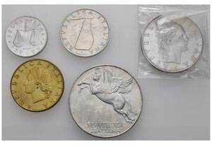 obverse: Repubblica Italiana. Lotto di 5 monete. 1 lira 1955 - 5 lire 1966 - 20 lire 1958 - 10 lire 1950 - 50 lire 1964. SPL-FDC