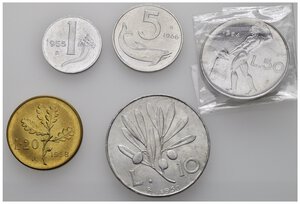 reverse: Repubblica Italiana. Lotto di 5 monete. 1 lira 1955 - 5 lire 1966 - 20 lire 1958 - 10 lire 1950 - 50 lire 1964. SPL-FDC