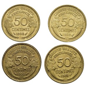obverse: Monete Mondiali. Francia. Lotto di 4 monete da 50 centimes 1932, 1936, 1938, 1939 in belle conservazioni
