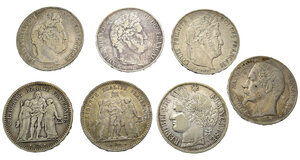 obverse: Monete Mondiali. Francia. Lotto di 7 monete da 5 francs 1843 A; 1844 W; 1847 A; 1848 A; 1849 A; 1850 A; 1852 A. Ag. MB-BB