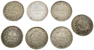 reverse: Monete Mondiali. Francia. Lotto di 7 monete da 5 francs 1843 A; 1844 W; 1847 A; 1848 A; 1849 A; 1850 A; 1852 A. Ag. MB-BB