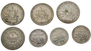 obverse: Monete Mondiali. Francia. Lotto di 7 monete in argento. 1 Franc 1910, 1905, 1904, 1894; 50 centimes 1909, 1912, 1916.