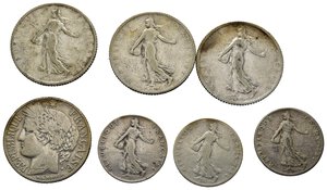 reverse: Monete Mondiali. Francia. Lotto di 7 monete in argento. 1 Franc 1910, 1905, 1904, 1894; 50 centimes 1909, 1912, 1916.