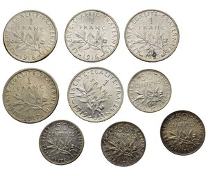 obverse: Monete Mondiali. Francia. Lotto di 9 monete in argento in alta conservazione. 1 Franc 1915, 1916, 1917, 1918, 1919; 50 centimes 1913, 1916, 1917, 1918.