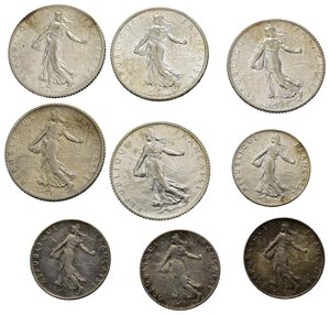reverse: Monete Mondiali. Francia. Lotto di 9 monete in argento in alta conservazione. 1 Franc 1915, 1916, 1917, 1918, 1919; 50 centimes 1913, 1916, 1917, 1918.