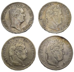 obverse: Monete Mondiali. Francia. Louis Philippe I. Lotto di 4 monete da 5 francs 1831 K; 1831 W; 1831 A; 1832 A. Ag. MB-BB