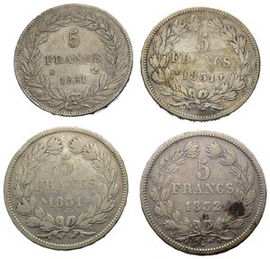 reverse: Monete Mondiali. Francia. Louis Philippe I. Lotto di 4 monete da 5 francs 1831 K; 1831 W; 1831 A; 1832 A. Ag. MB-BB