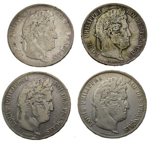 obverse: Monete Mondiali. Francia. Louis Philippe I. Lotto di 4 monete da 5 francs 1832 W; 1833 W; 1833 A; 1834 A. Ag. MB-BB