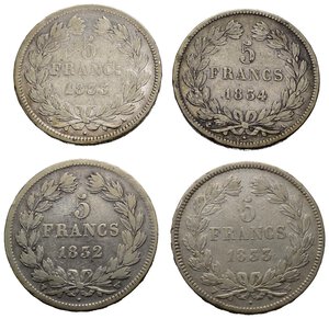 reverse: Monete Mondiali. Francia. Louis Philippe I. Lotto di 4 monete da 5 francs 1832 W; 1833 W; 1833 A; 1834 A. Ag. MB-BB