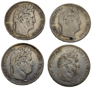 obverse: Monete Mondiali. Francia. Louis Philippe I. Lotto di 4 monete da 5 francs 1834 H; 1834 MA; 1835 D; 1835 A. Ag. MB-BB