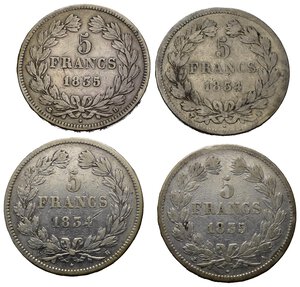 reverse: Monete Mondiali. Francia. Louis Philippe I. Lotto di 4 monete da 5 francs 1834 H; 1834 MA; 1835 D; 1835 A. Ag. MB-BB