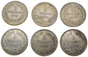 reverse: Monete Mondiali. Francia. Louis Philippe I. Lotto di 6 monete da 5 francs 1835 B; 1836 W; 1837 B; 1838 A; 1838 BB; 1839 A. Ag. MB-BB